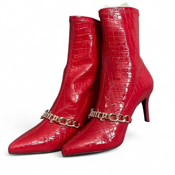 Juicy Couture Womens Red Croco JC-Tommi Boots With Gold Chain Detail & Logo 7.5 - Picture 1 of 11
